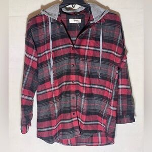 Women’s Cisono flannel/gray button up jacket with a hood.